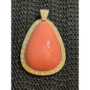 Vintage Avon Faux Coral Teardrop Pendant Gold Tone Rhinestone Halo 30g